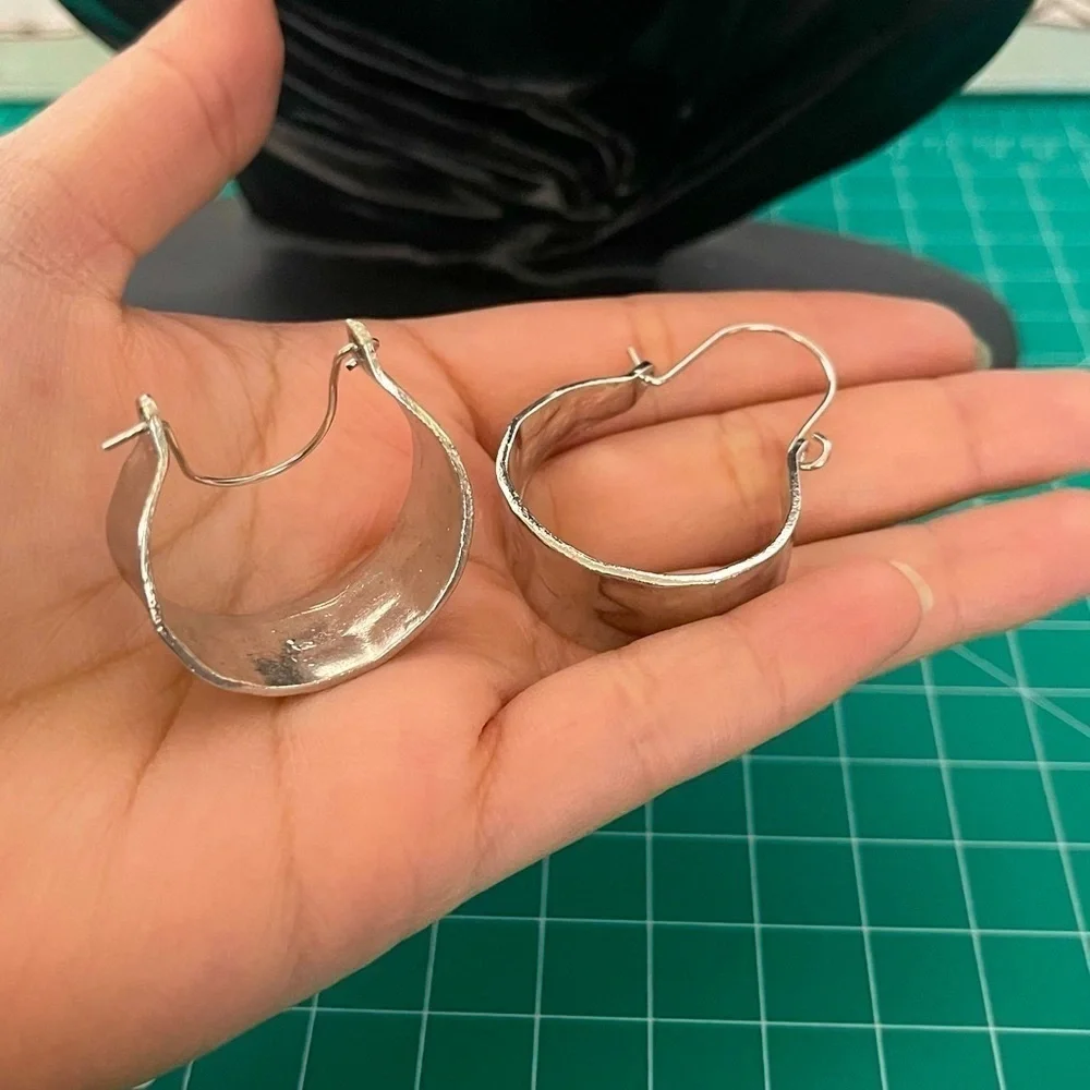 Hammered Silver Small Chunky Silver Tone Hoop Earrings